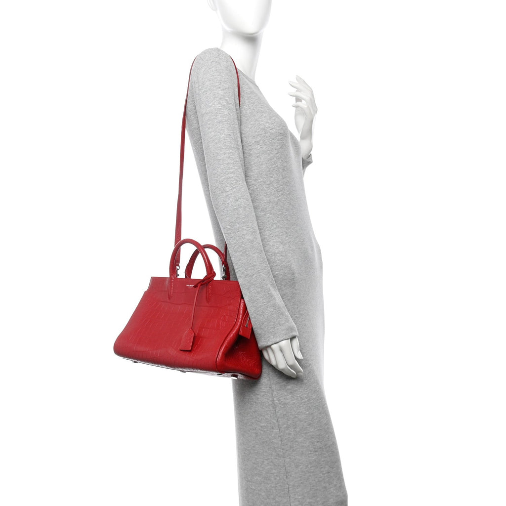 Calfskin Crocodile Embossed Small Cabas Rive Gauche Red
