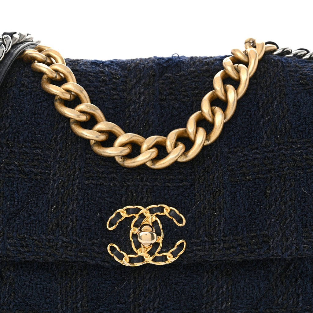 Tweed Quilted Large Chanel 19 Flap Navy Blue
