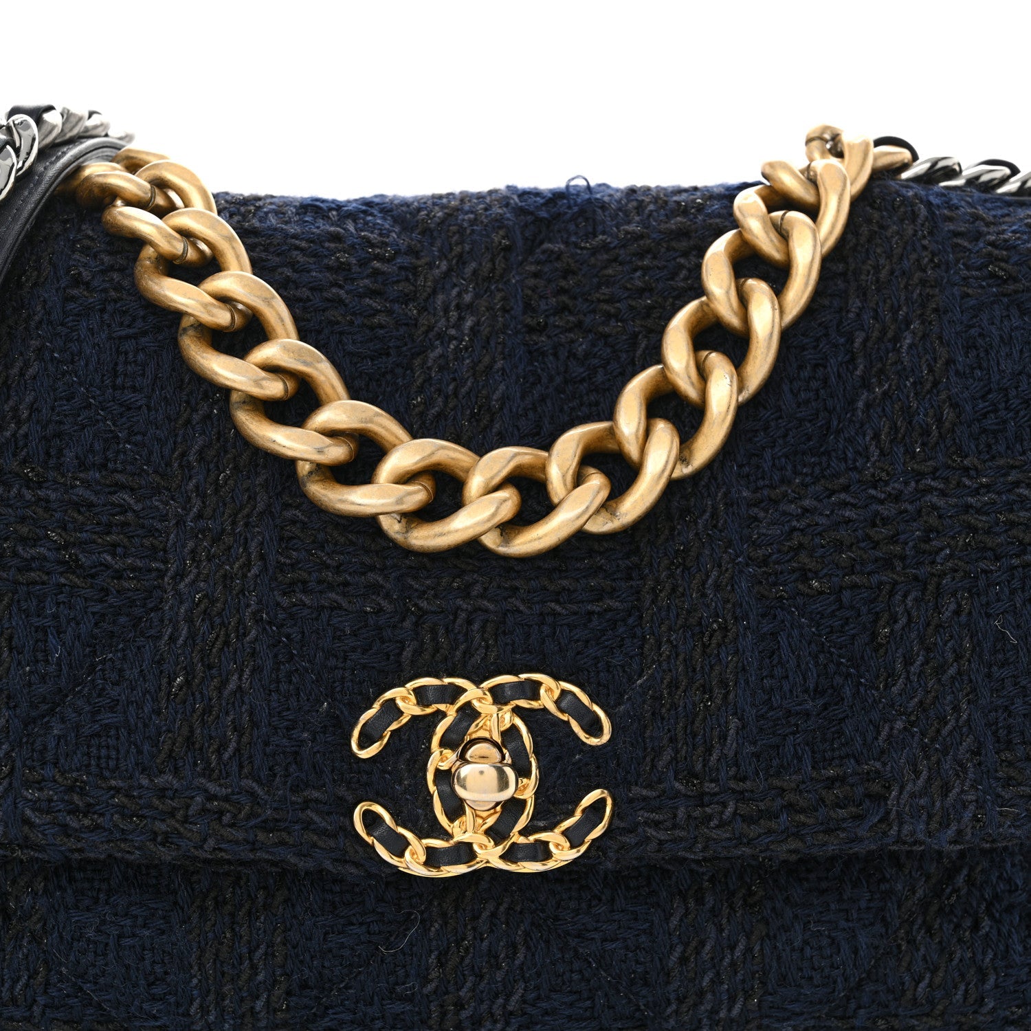 Tweed Quilted Large Chanel 19 Flap Navy Blue
