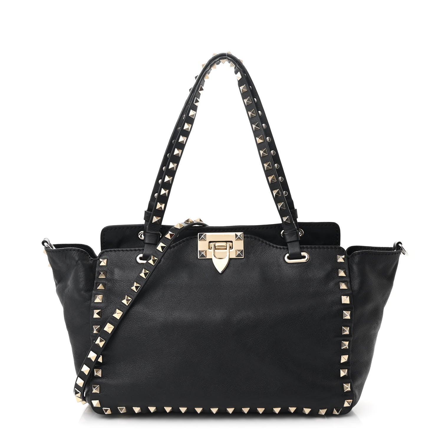 Grained Calfskin Small Rockstud Tote Black
