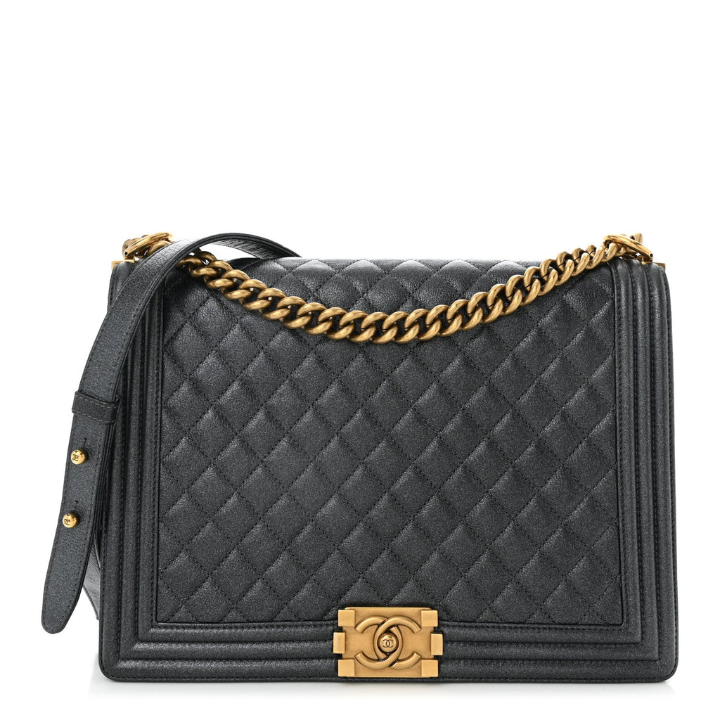 Metallic Calfskin Quilted Large Boy Flap Dark Grey