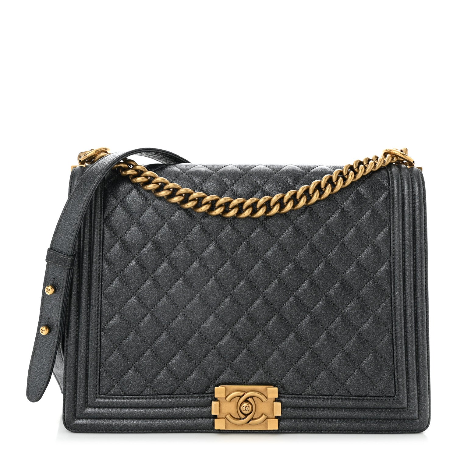 Metallic Calfskin Quilted Large Boy Flap Dark Grey