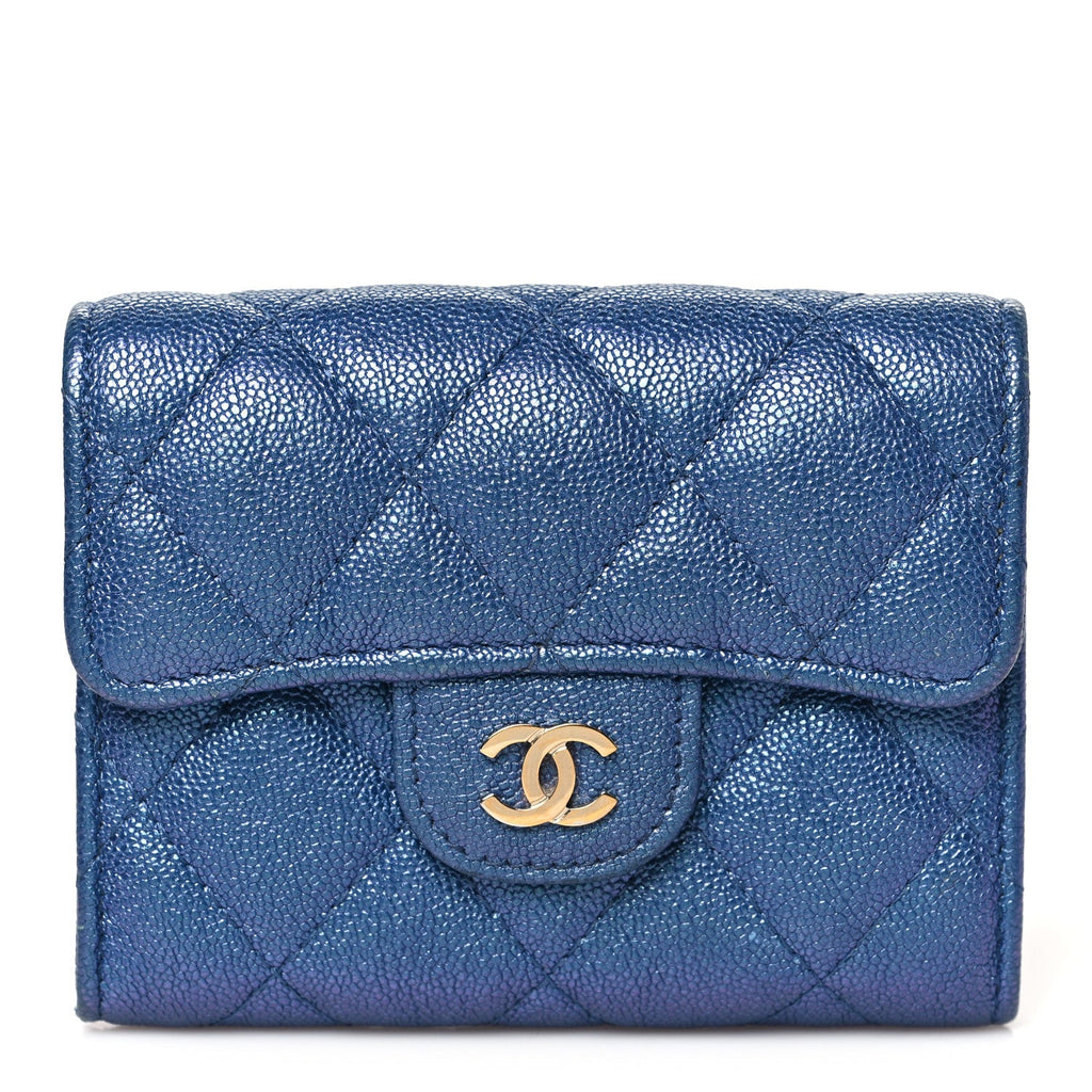Iridescent Caviar Flap Quilted  Holder Wallet Dark Blue