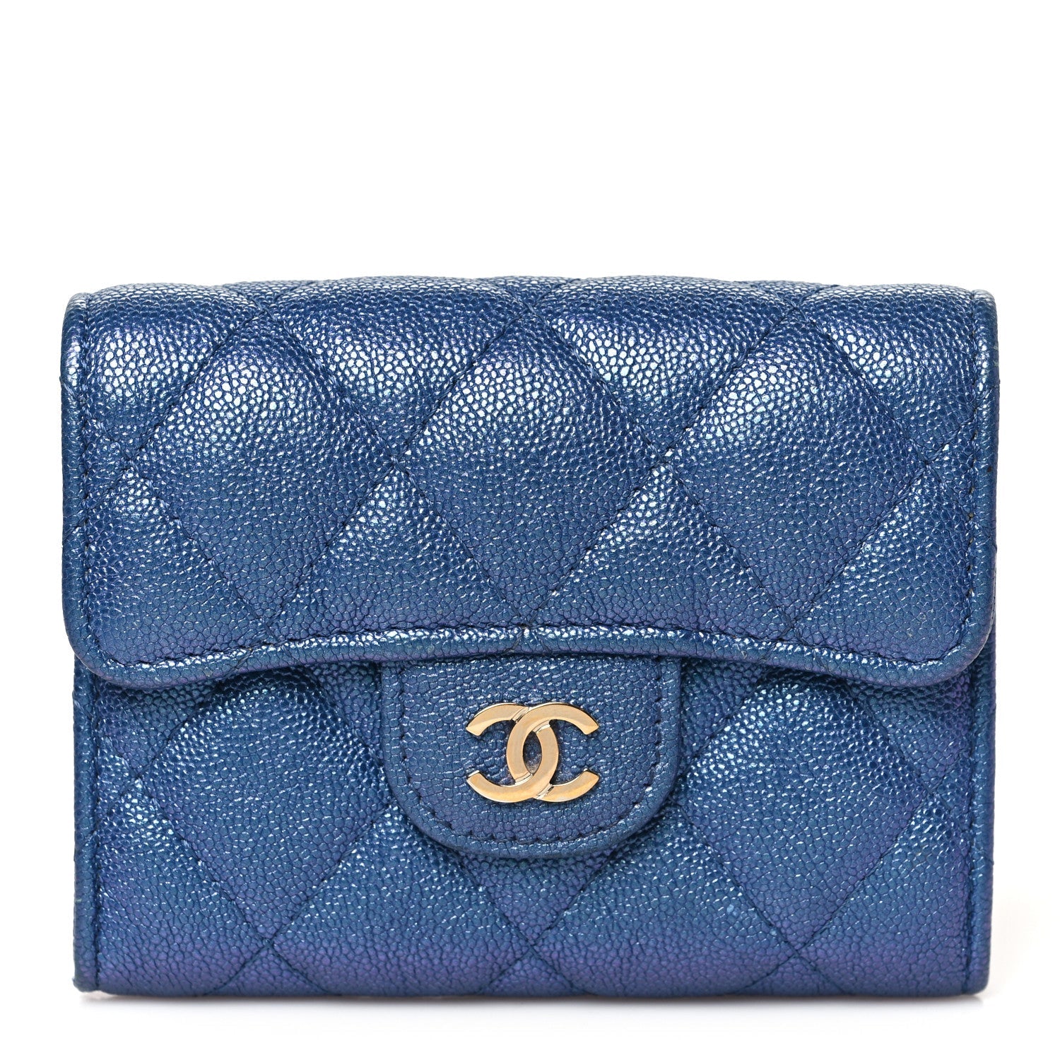 Iridescent Caviar Flap Quilted  Holder Wallet Dark Blue
