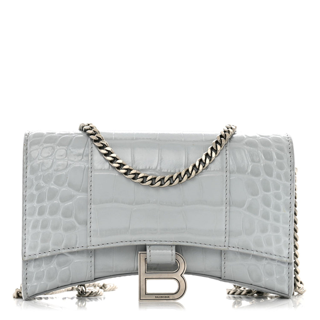 Shiny Metallic Calfskin Crocodile Embossed Hourglass Chain Bag Ash Blue