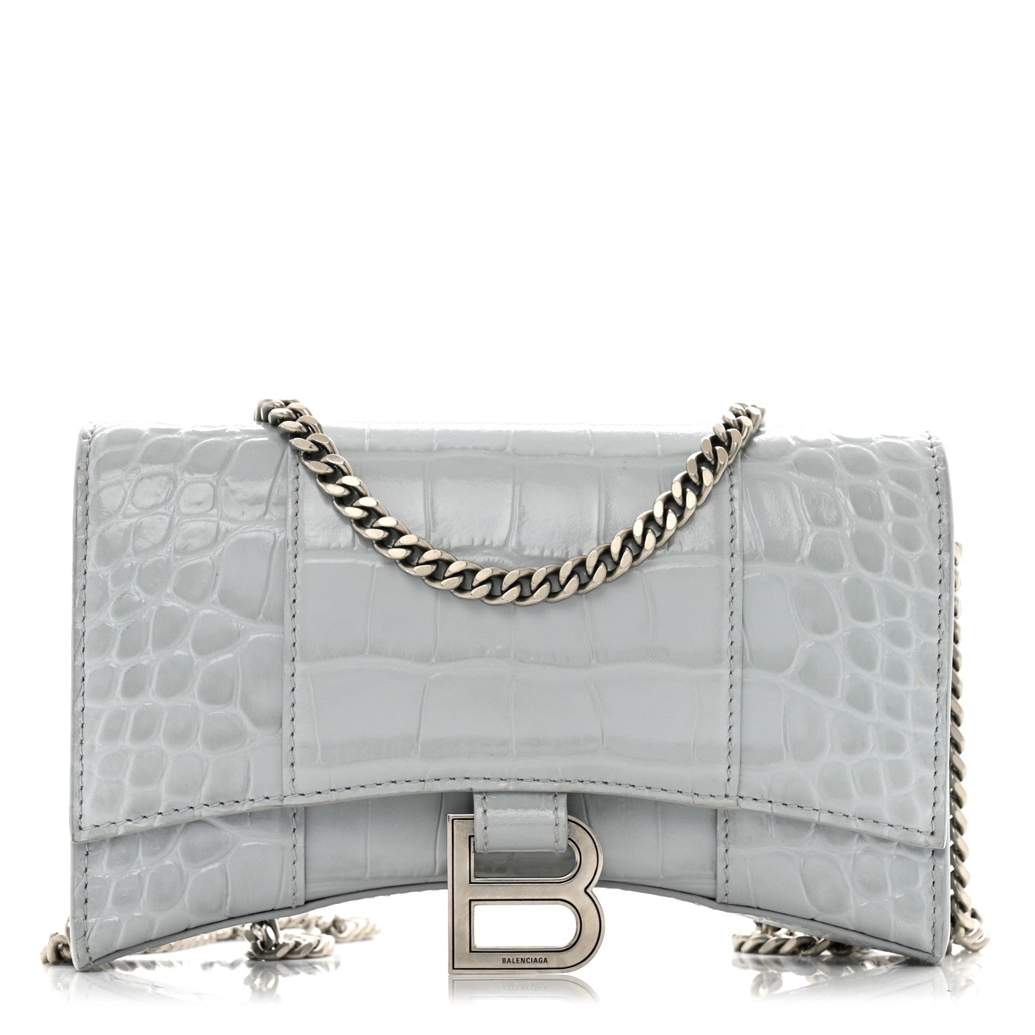 Shiny Metallic Calfskin Crocodile Embossed Hourglass Chain Bag Ash Blue