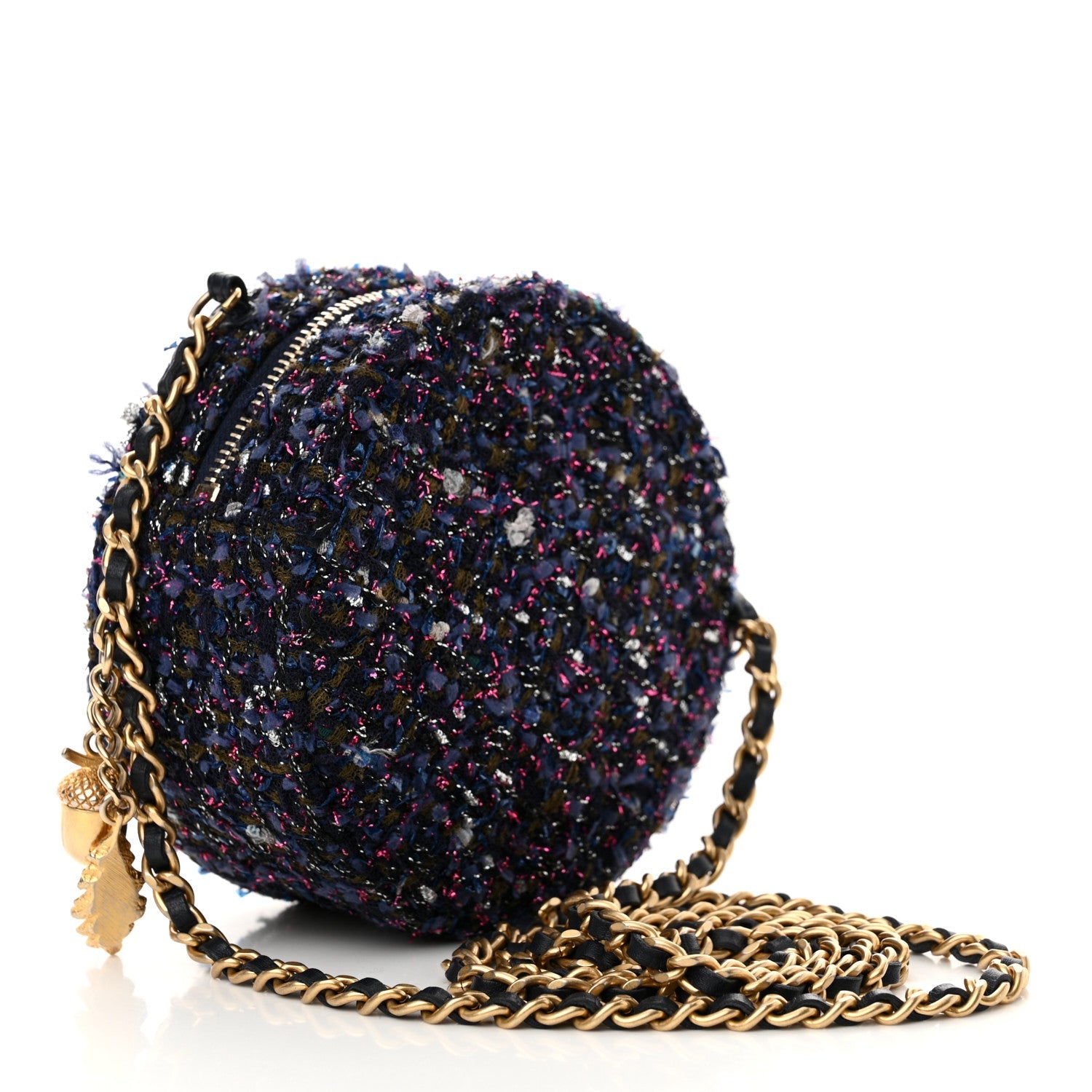 Tweed Quilted Round Clutch With Chain Multicolor