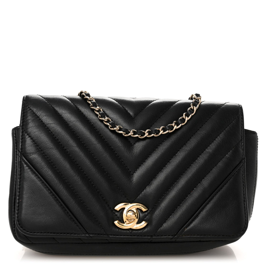 Calfskin Chevron Quilted Mini Statement Flap Black