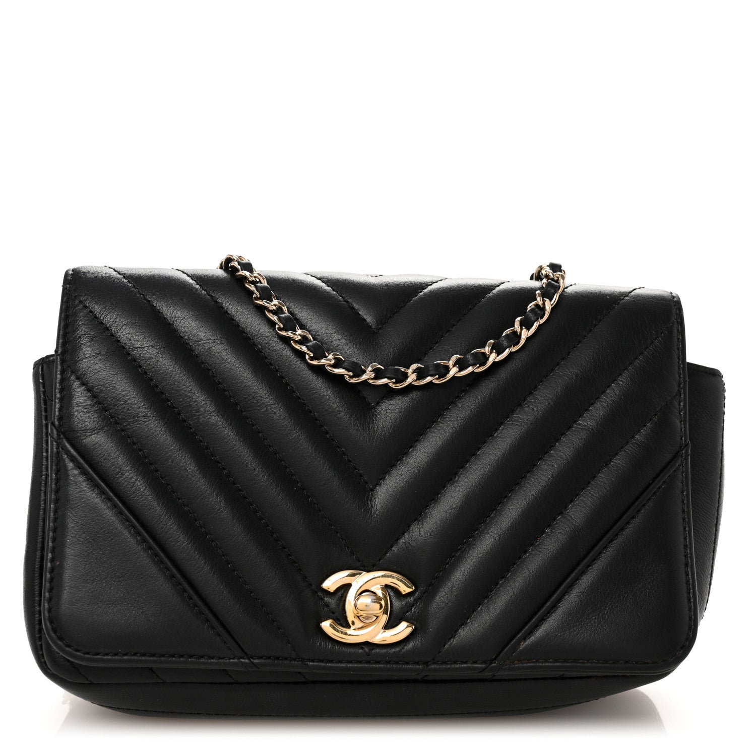Calfskin Chevron Quilted Mini Statement Flap Black