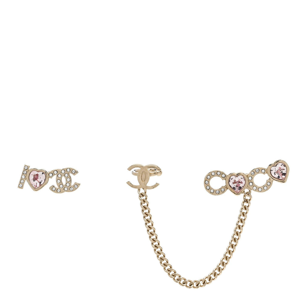 Metal Strass I Love Coco Heart Chain Climber Earrings Gold Pink