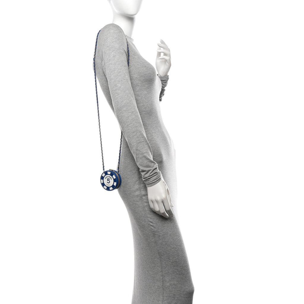 Lambskin Enamel Quilted Round Poker Chip Clutch With Chain Blue White