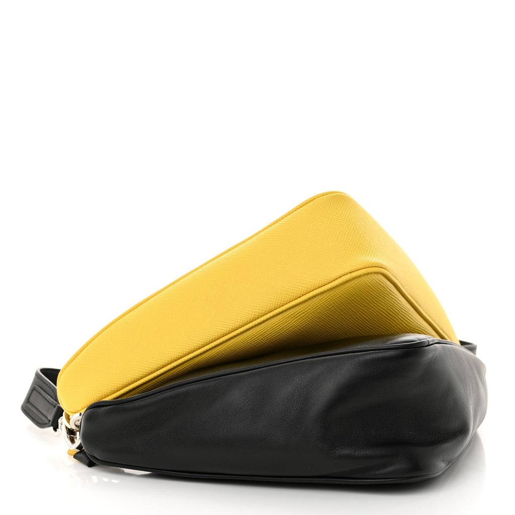 Vitello Saffiano Cuir Double Triangle Shoulder Bag Black Sole
