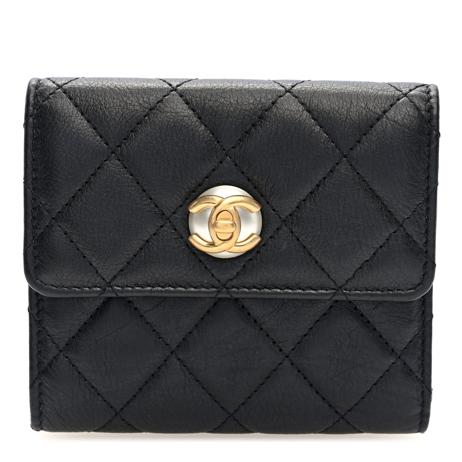 Calfskin Quilted Pearl CC Medium Flap Wallet  Black