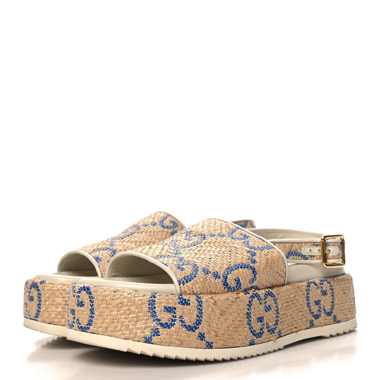 Raffia GG Monogram Granada Kid Angelina Platform 35mm Slingback Sandals 37.5 Natural Royale Mystic White
