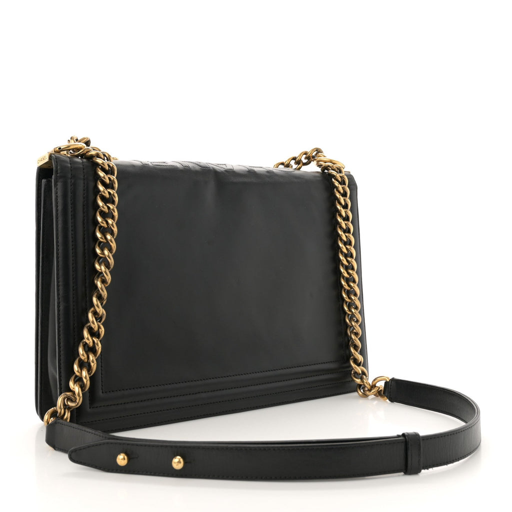 Glazed Calfskin Large Boy Flap Black