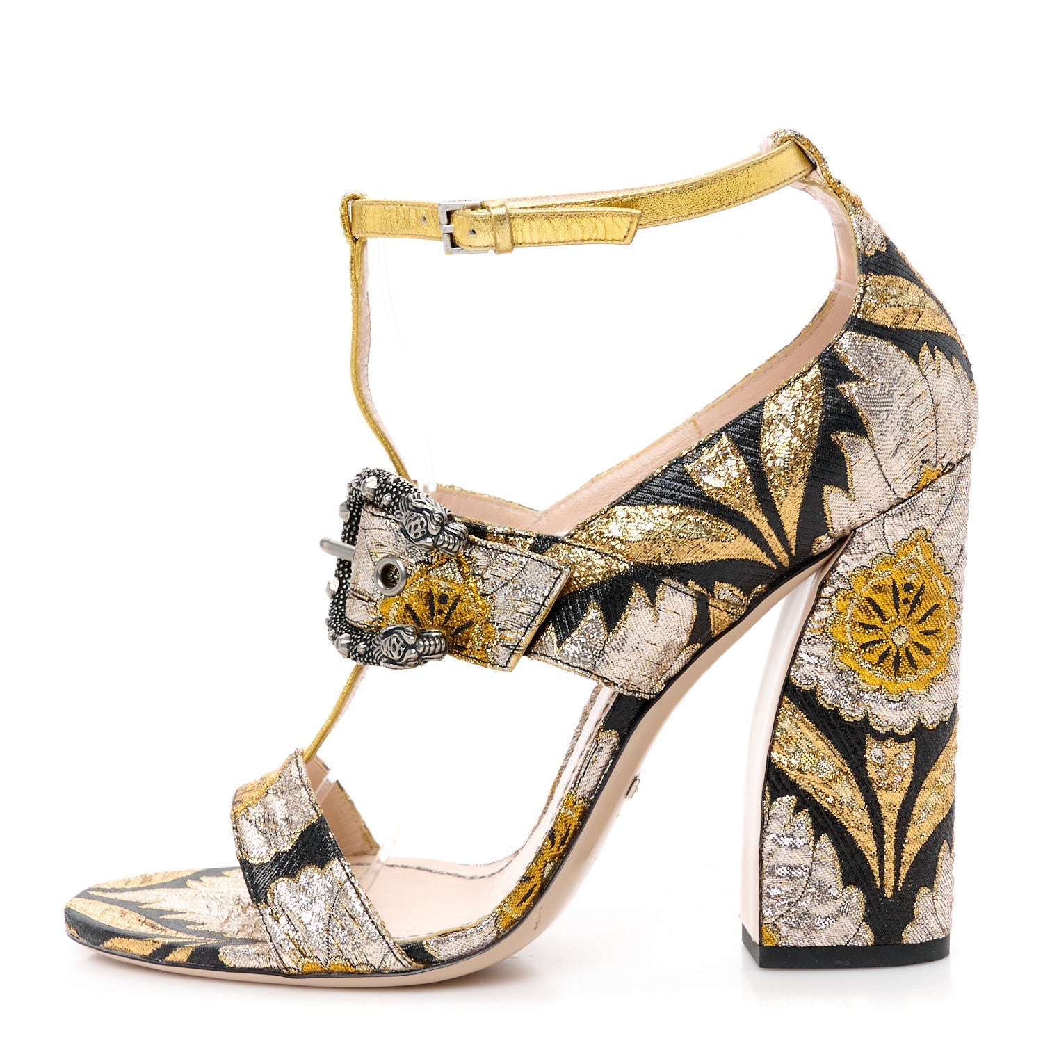 Brocade Floral Dionysus T-Strap High Heel Sandals 40 Oro