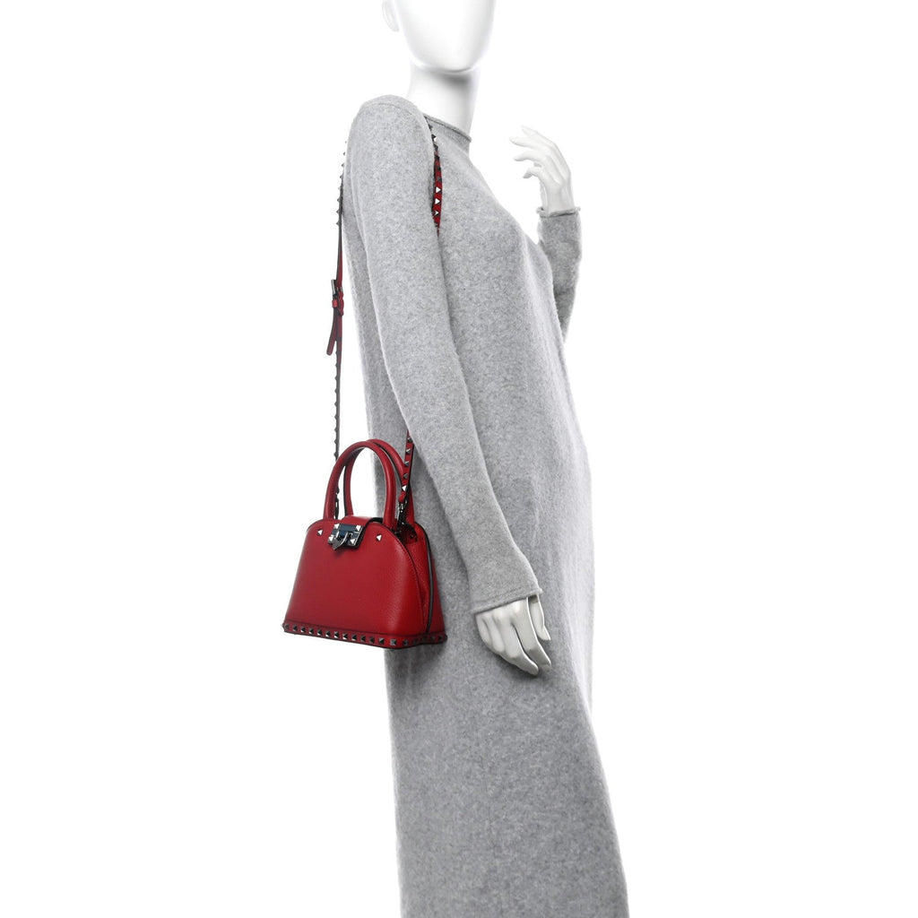 Grainy Calfskin Small Rockstud Double Top Handle Bag Rosso Valentino