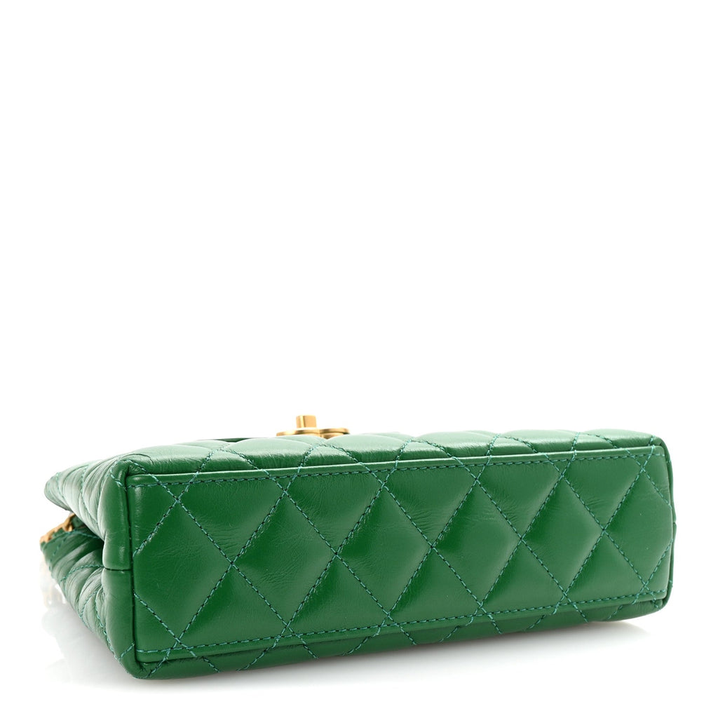 Shiny Aged Calfskin Quilted Nano Kelly Shopper Green