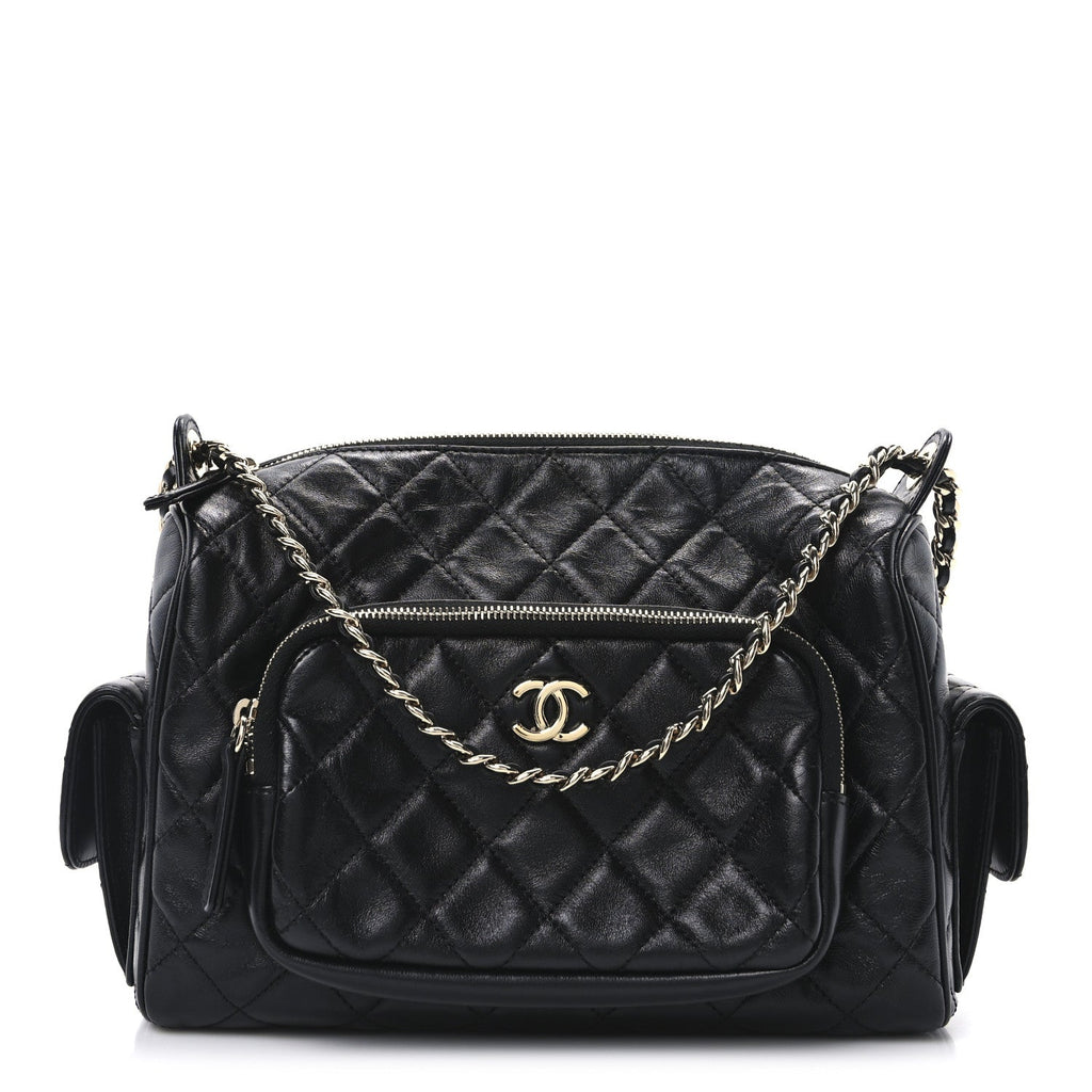 Shiny Crumpled Lambskin Quilted Medium Preppy Pocket Camera Case Black
