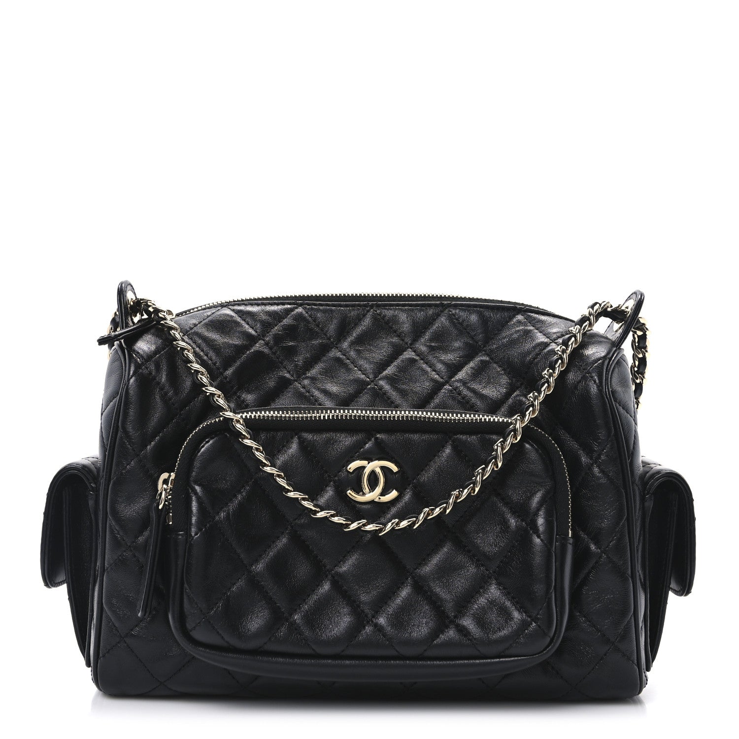 Shiny Crumpled Lambskin Quilted Medium Preppy Pocket Camera Case Black