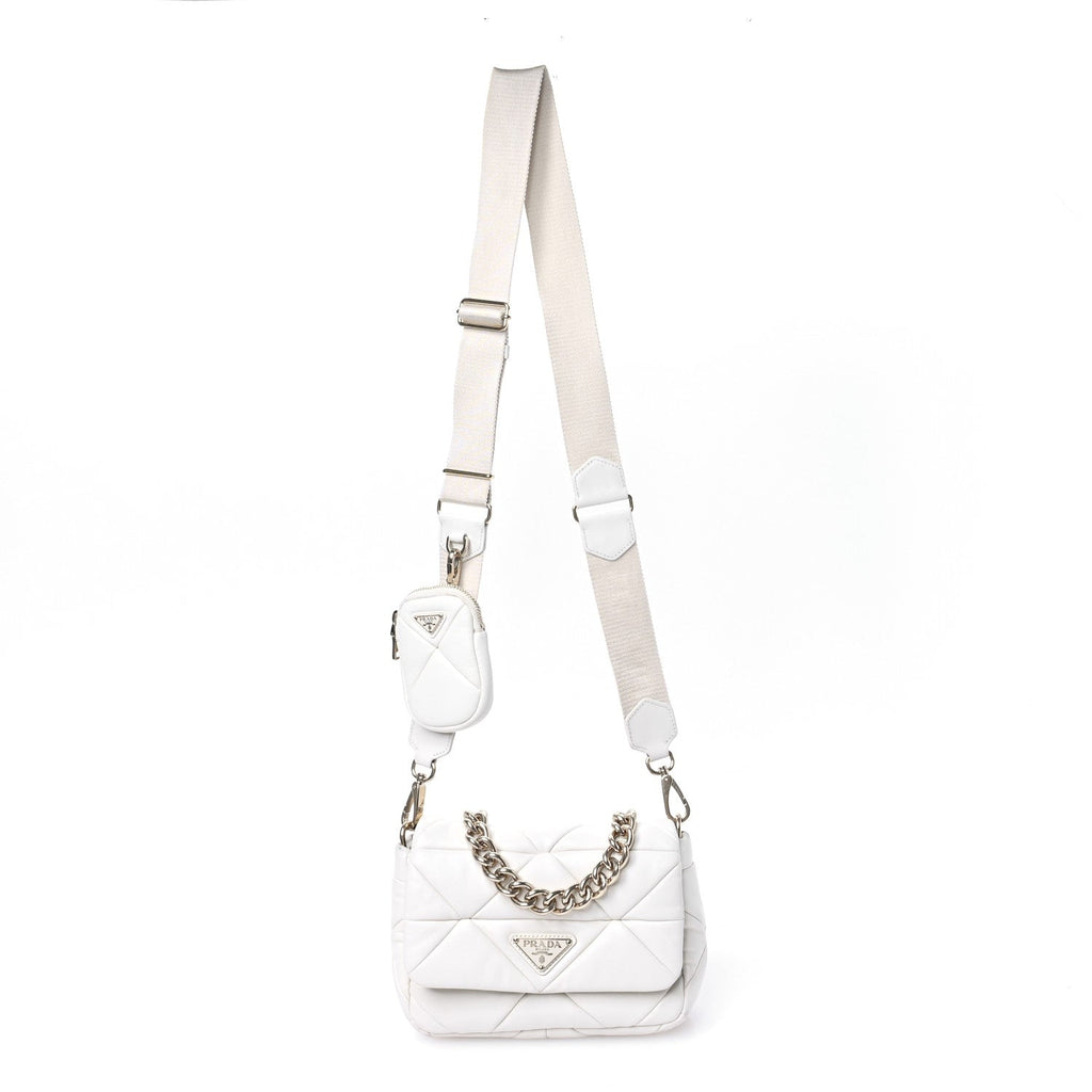Nappa Re-Nylon Triangle Quilted Patchwork System Flap Shoulder Bag White