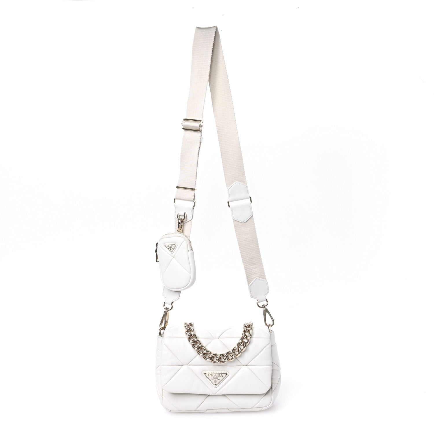 Nappa Re-Nylon Triangle Quilted Patchwork System Flap Shoulder Bag White