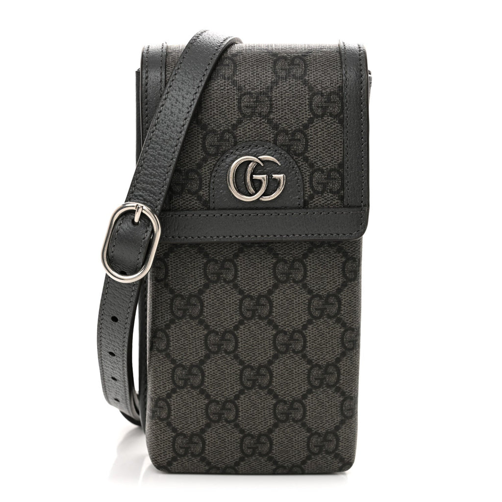 GG Supreme Monogram Textured Dollar Calfskin Phone Crossbody Bag Grey Black Graphite Grey