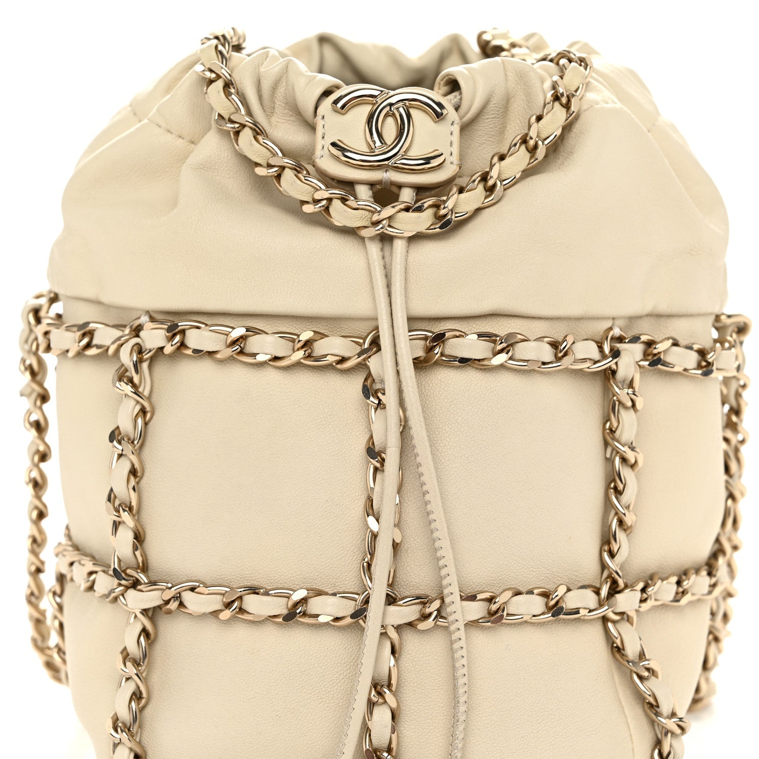 Lambskin Bucket Chain Drawstring Bag Beige