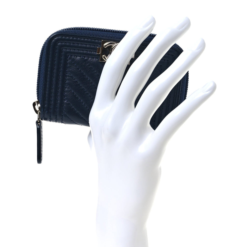 Calfskin Chevron Quilted Zip Around Boy Coin Purse Navy Blue