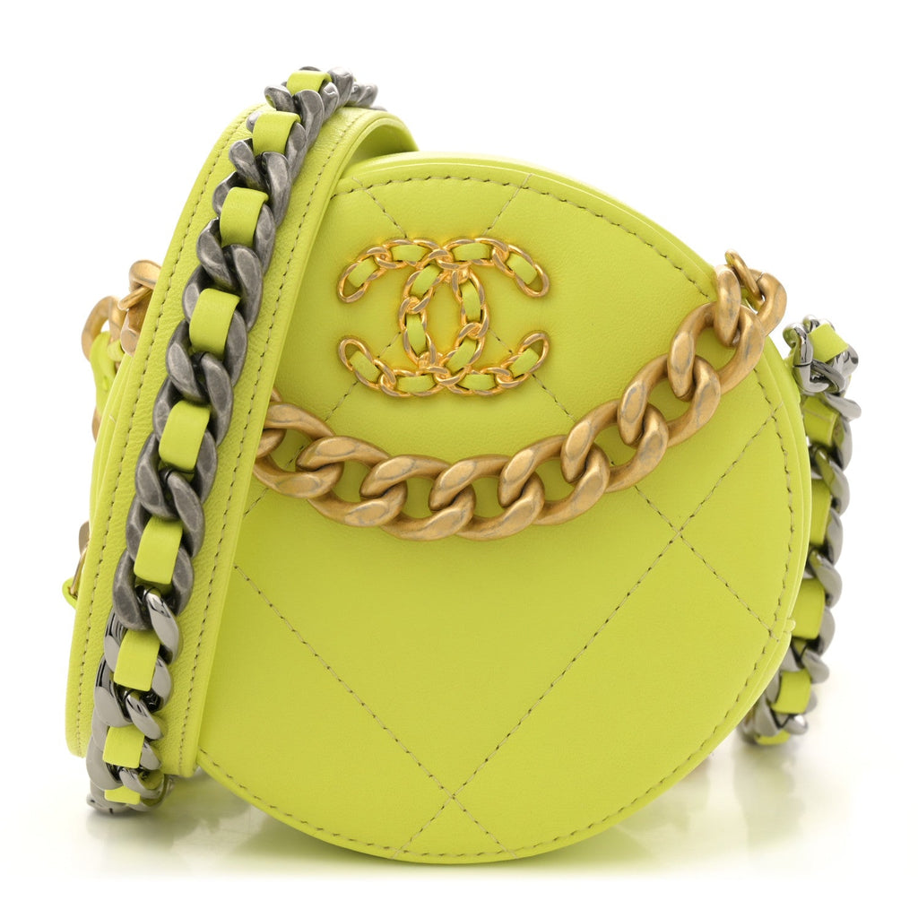 Lambskin Quilted Chanel 19 Round Clutch With Chain Yellow