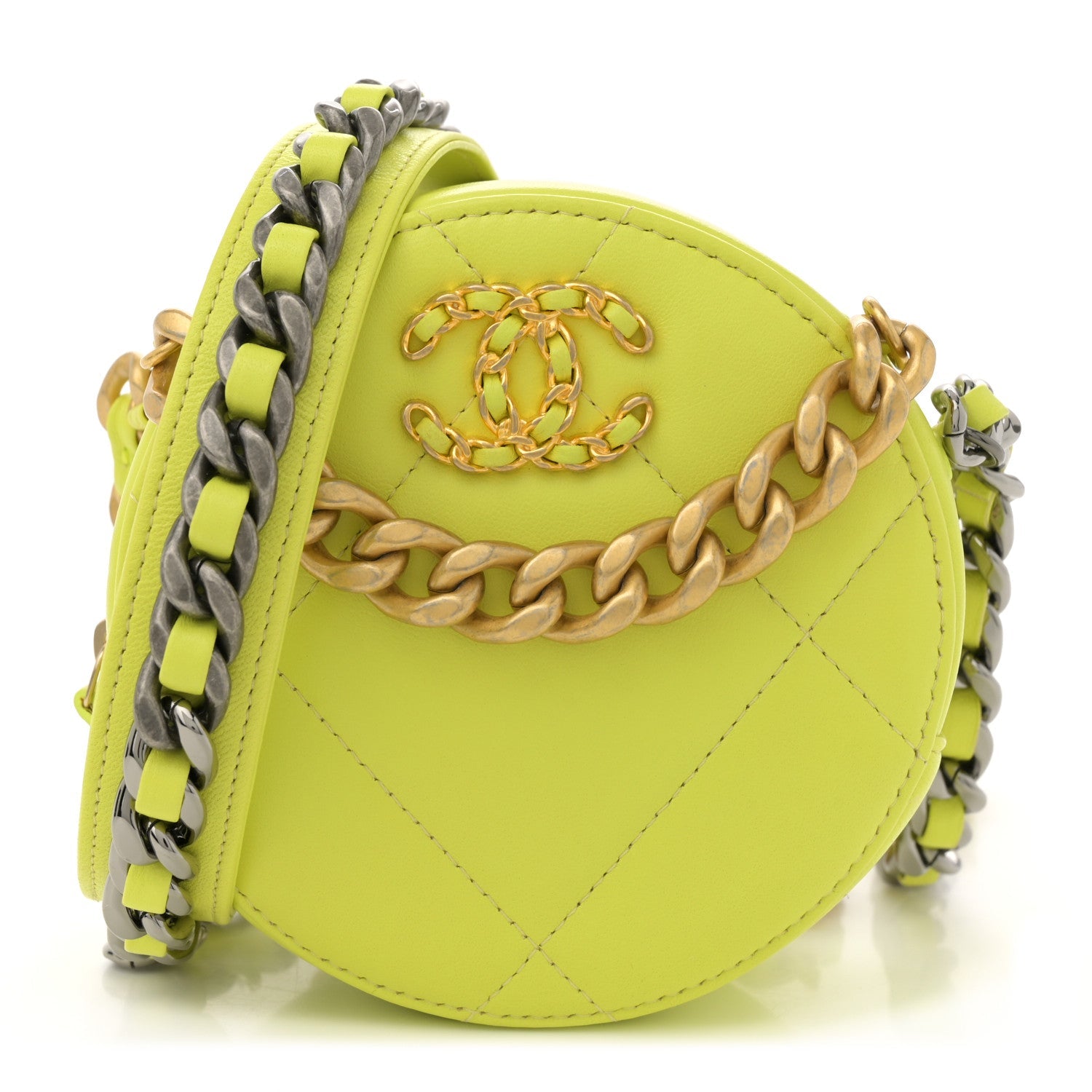 Lambskin Quilted Chanel 19 Round Clutch With Chain Yellow
