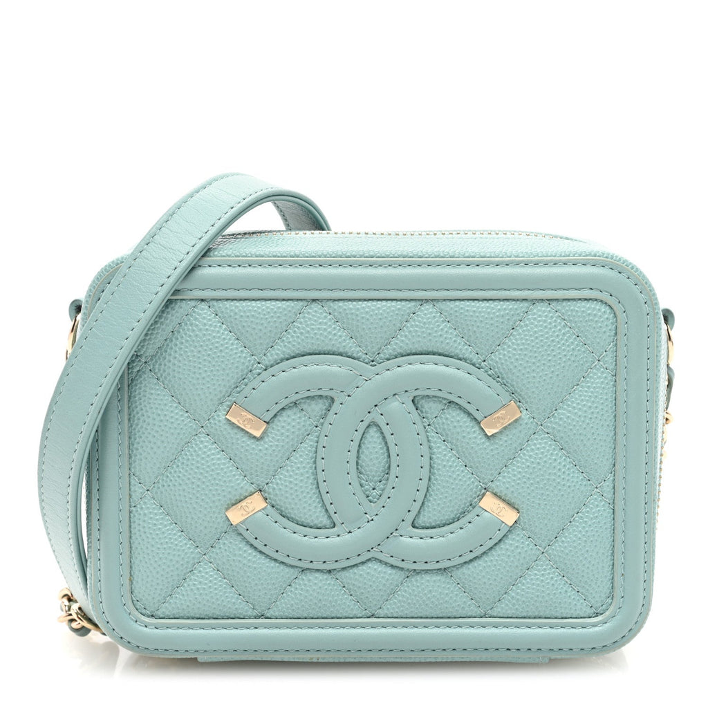 Caviar Quilted Filigree Vanity Clutch With Chain Light Blue