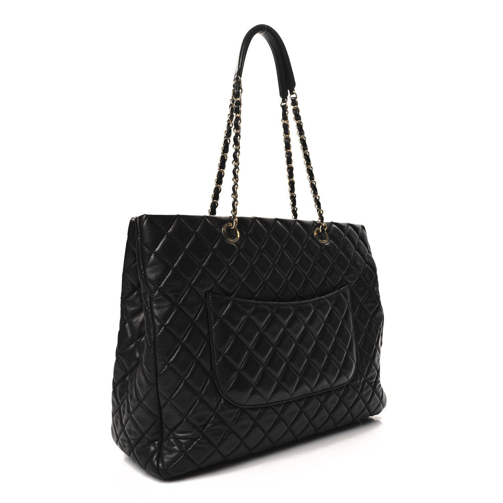 Lambskin Quilted CC Pocket Shopping Tote Black