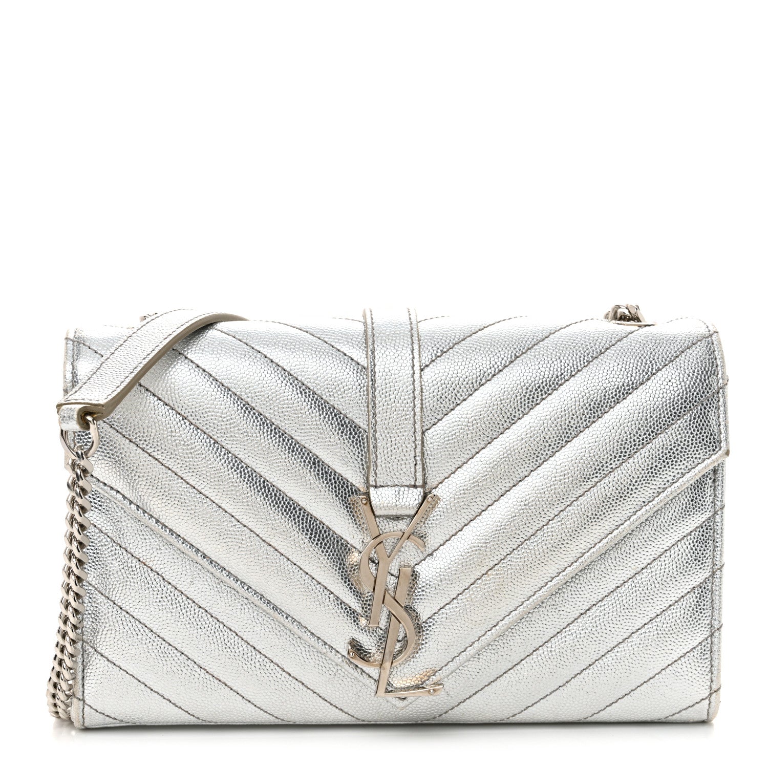 Metallic Grain De Poudre Matelasse Chevron Small Monogram Satchel Silver