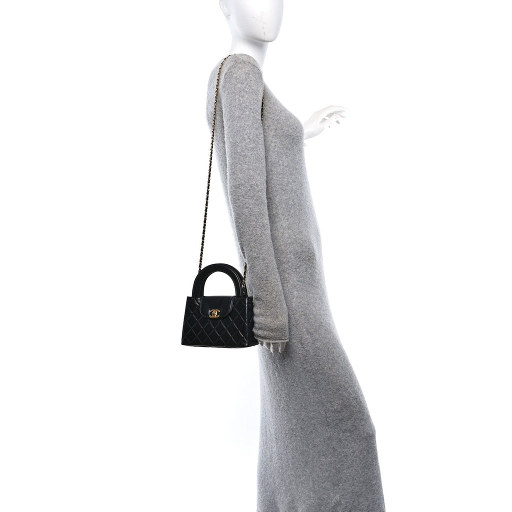 Shiny Aged Calfskin Quilted Nano Kelly Shopper Black