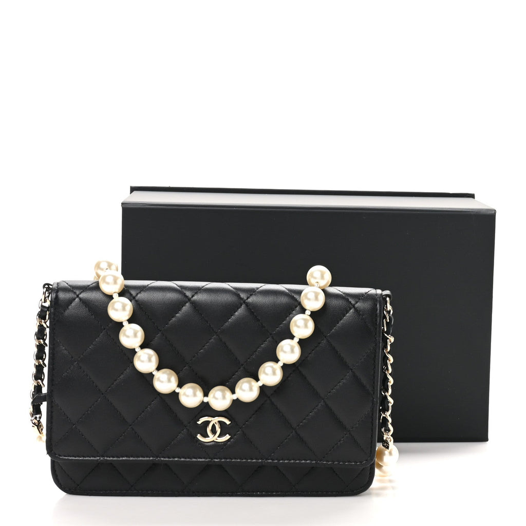Lambskin Quilted Pearl Wallet On Chain WOC Black