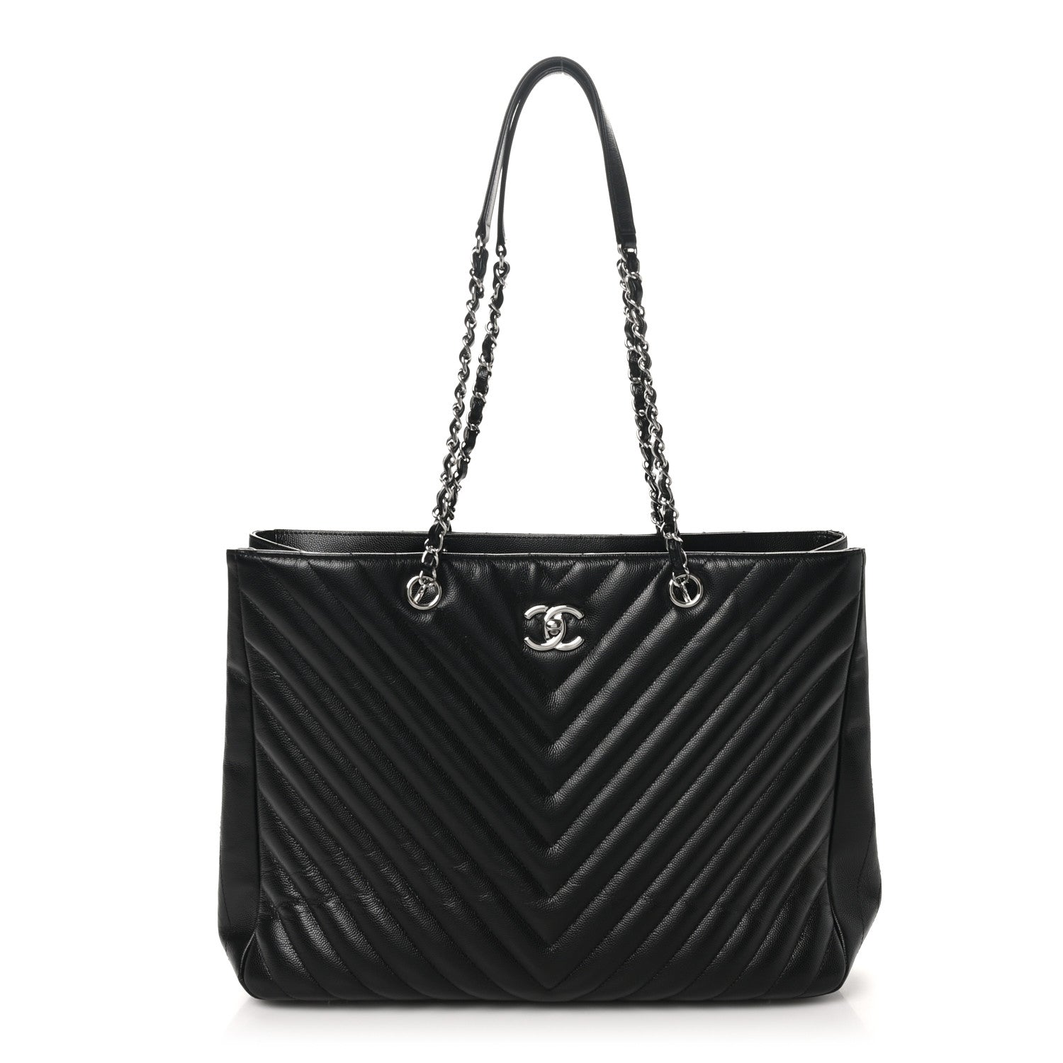 Caviar Chevron Quilted Large Shopping Tote Black