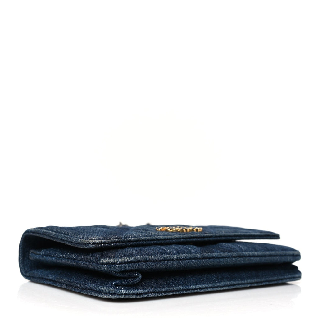 Denim Quilted Chanel 19 Wallet On Chain WOC Blue