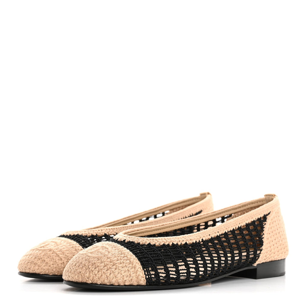 Raffia Cap Toe Ballerina Flats 37.5 Black Beige