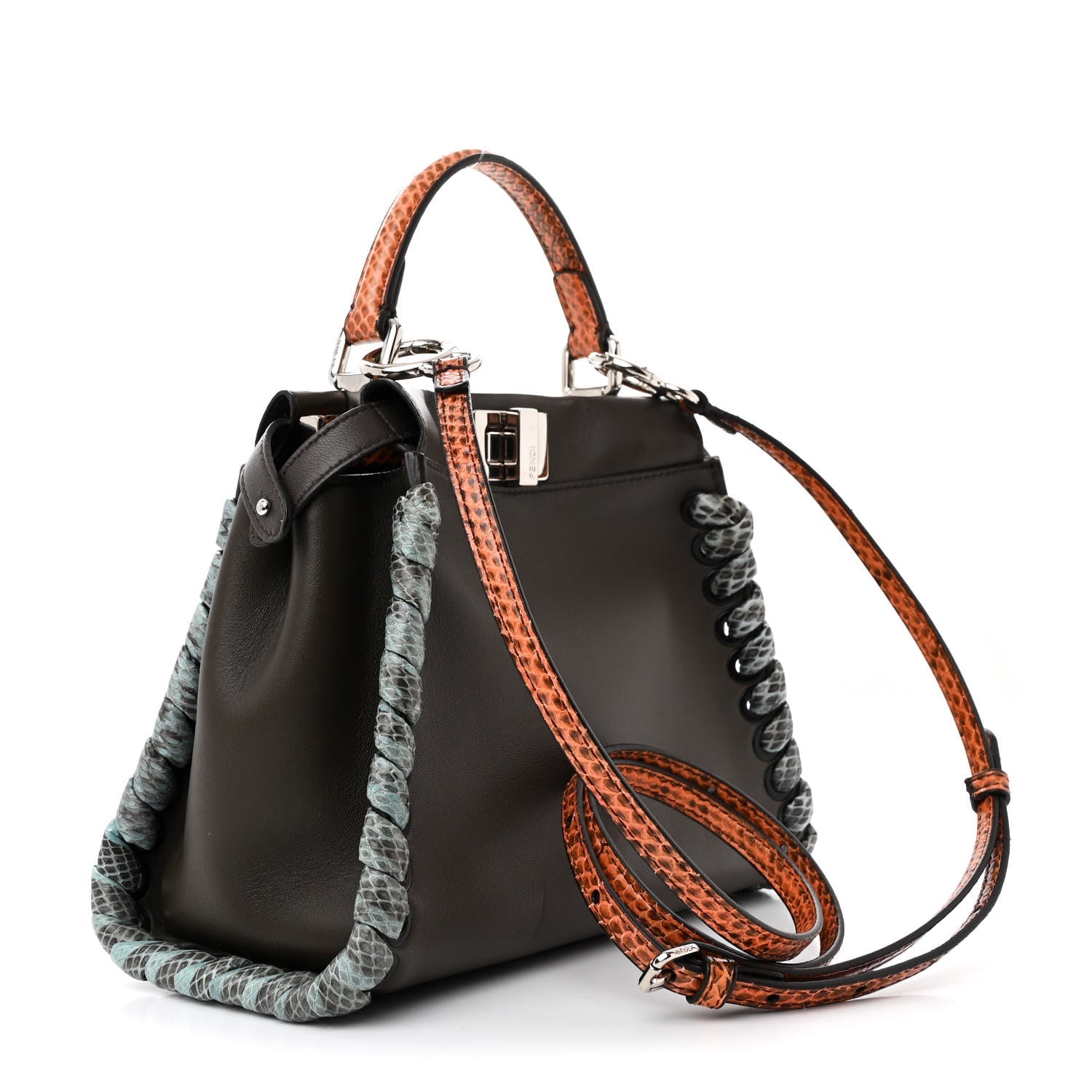 Calfskin Elaphe Lace Up Selleria Mini Peekaboo Iconic Satchel Verde Prato Arancio