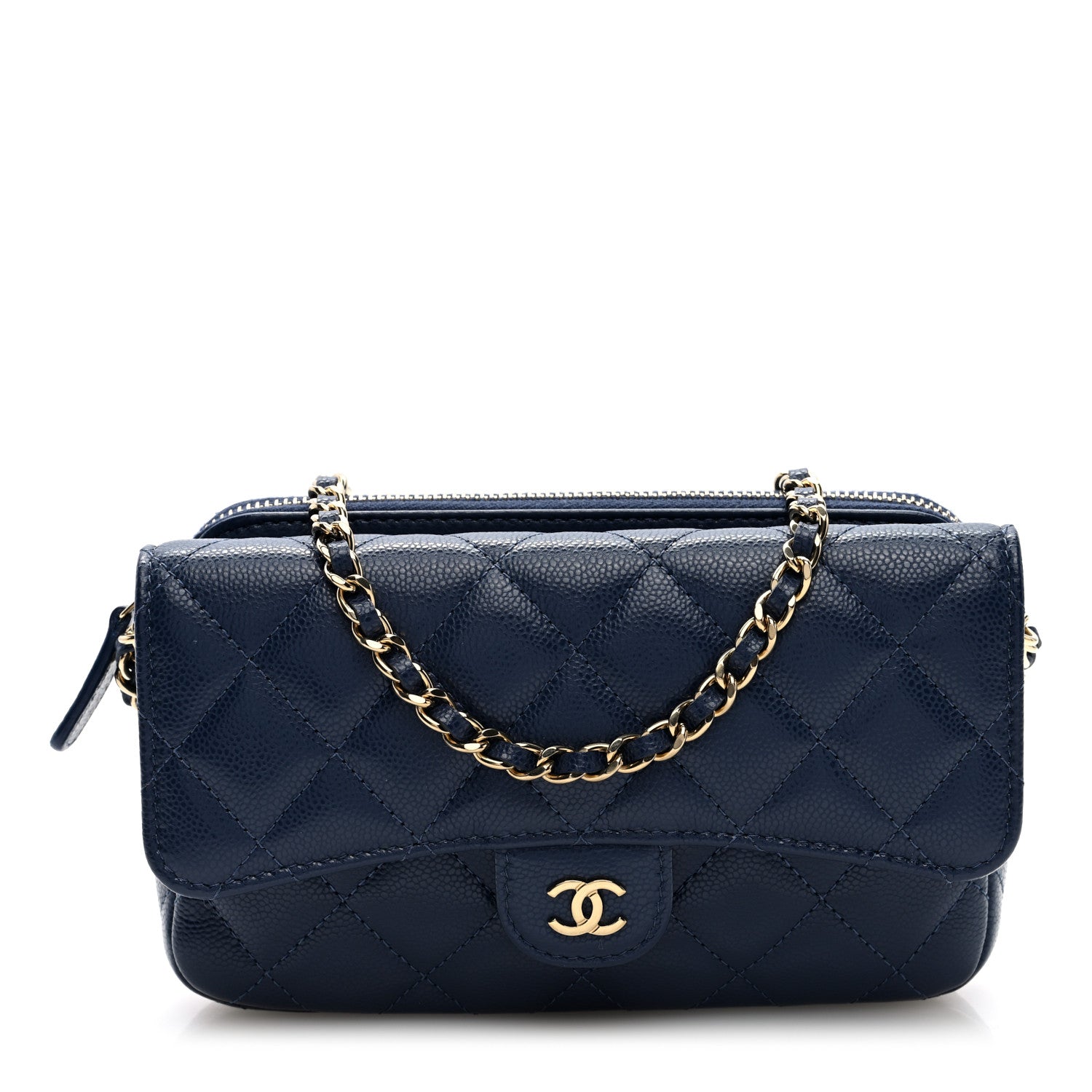 Caviar Quilted Flap Phone Holder With Chain Navy Blue