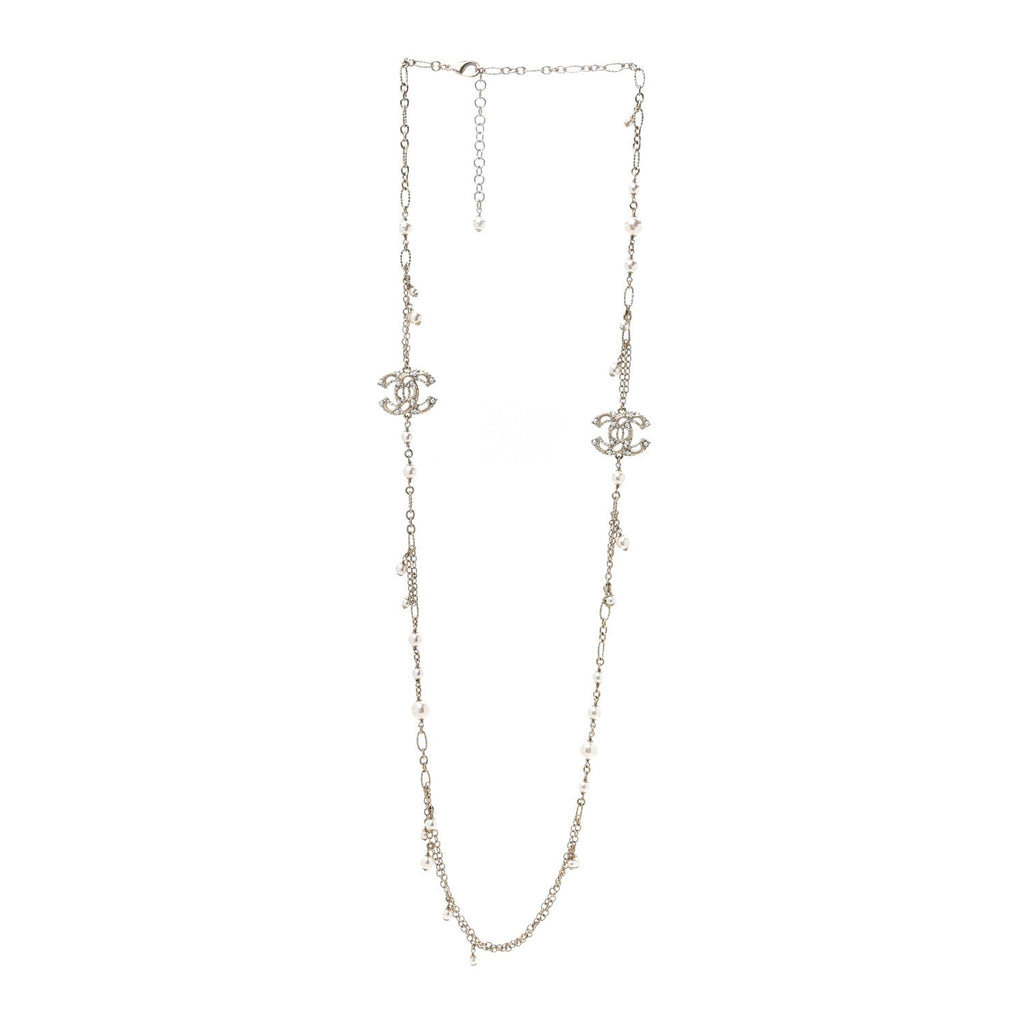 Pearl Crystal CC Long Necklace Light Gold
