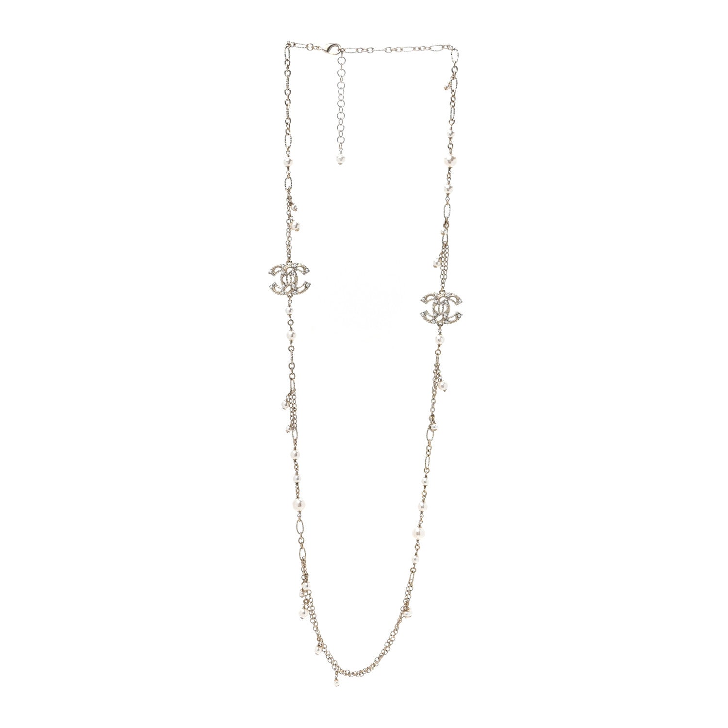 Pearl Crystal CC Long Necklace Light Gold
