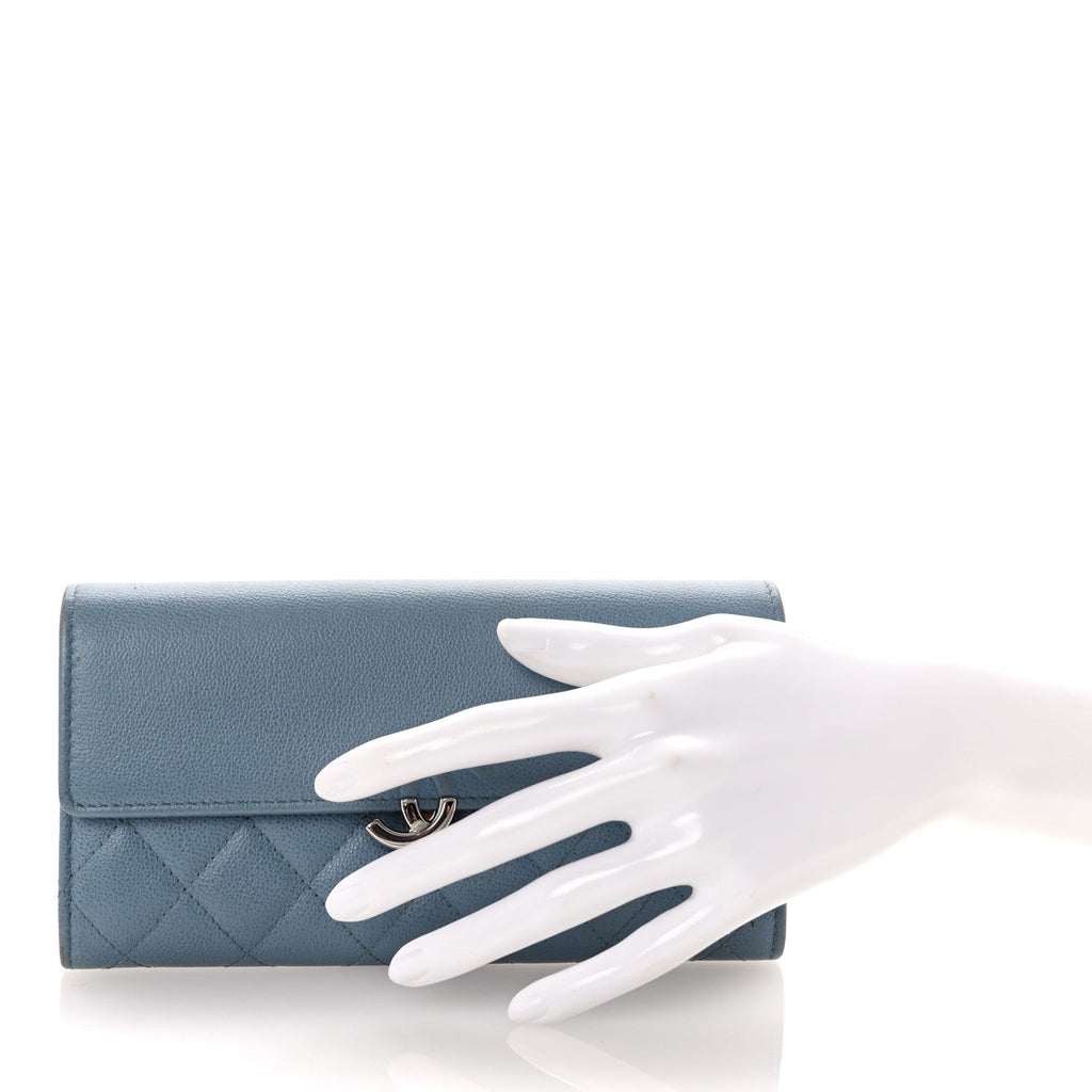Grained Calfskin Quilted CC Box Flap Wallet Blue