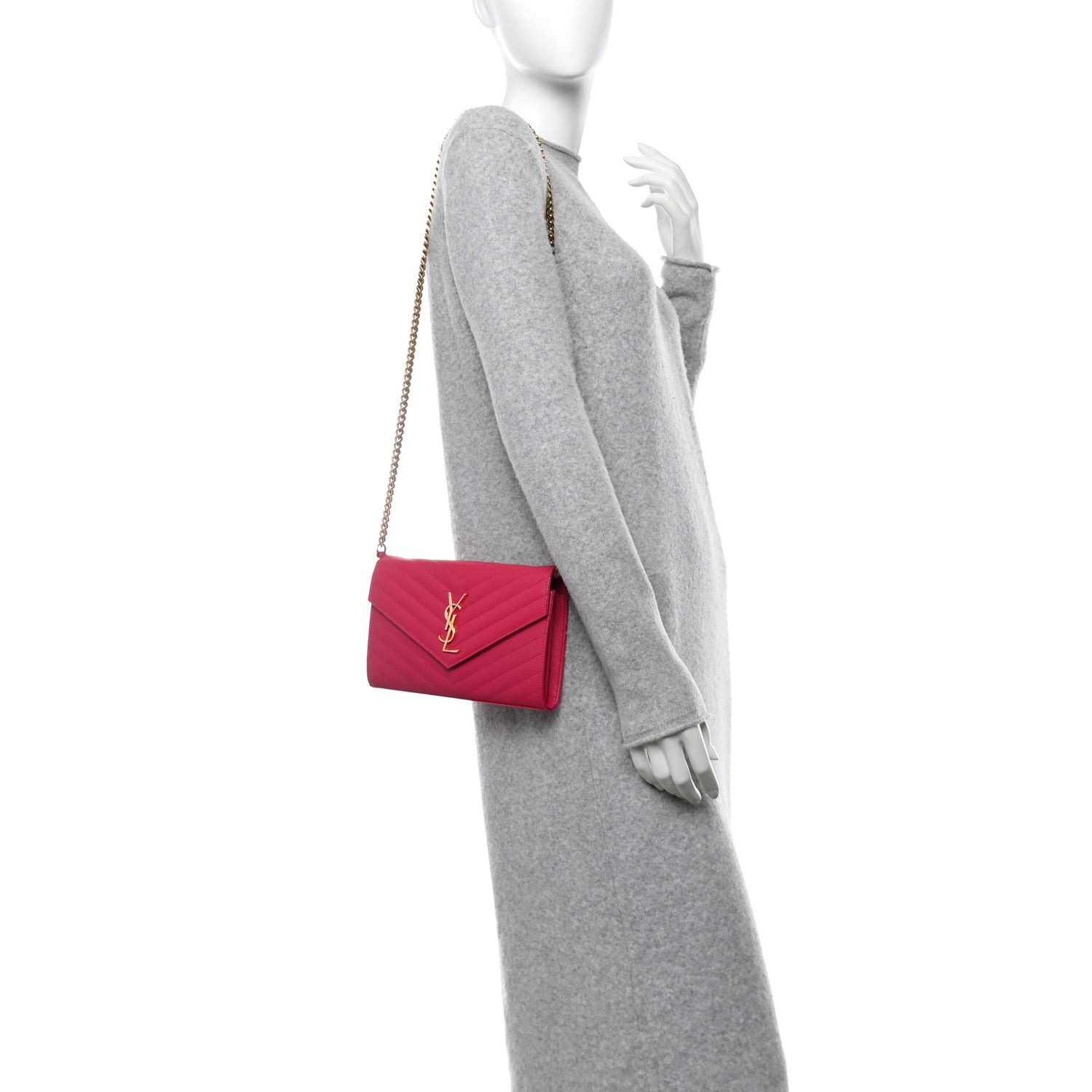 Grain De Poudre Matelasse Chevron Monogram Chain Wallet Lipstick Fuchsia