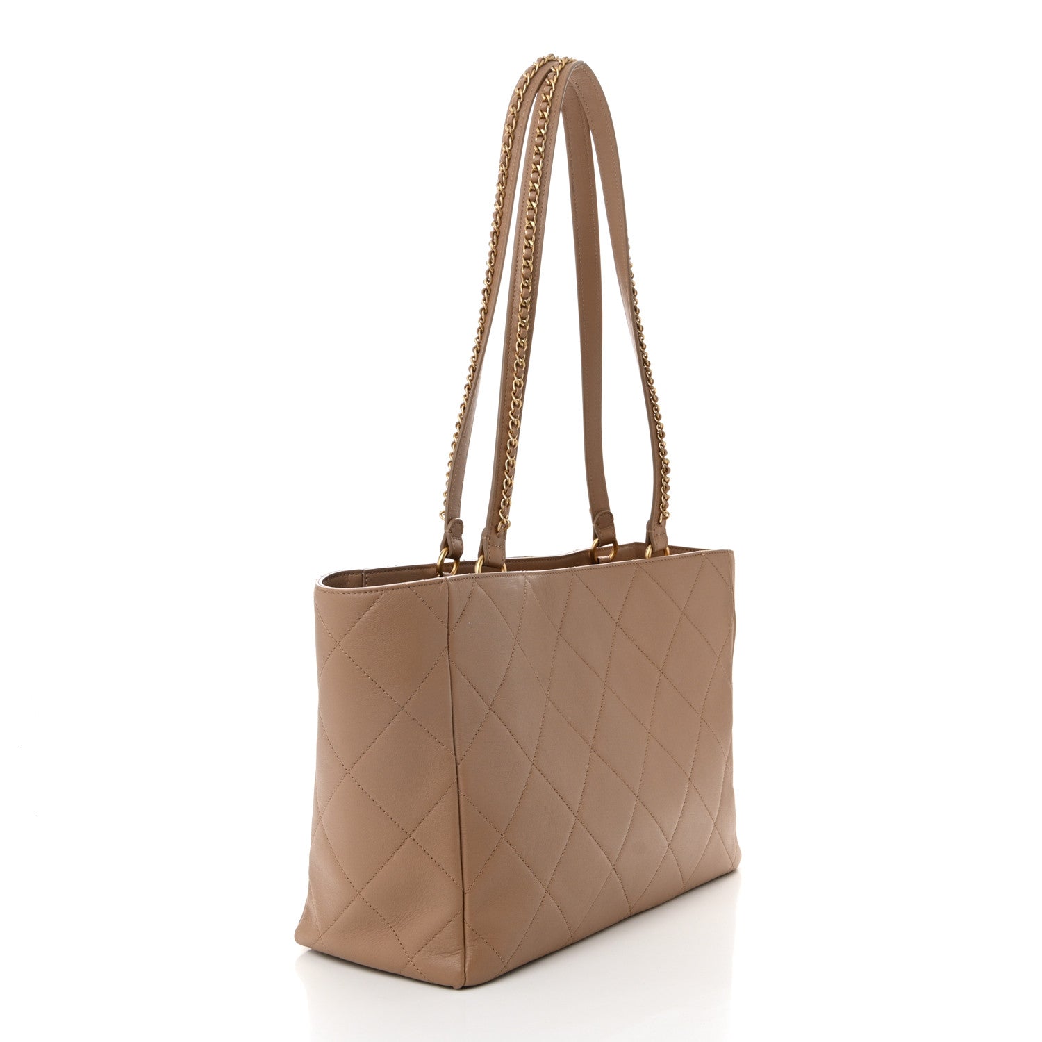 Calfskin Quilted Chain Shopping Tote Beige