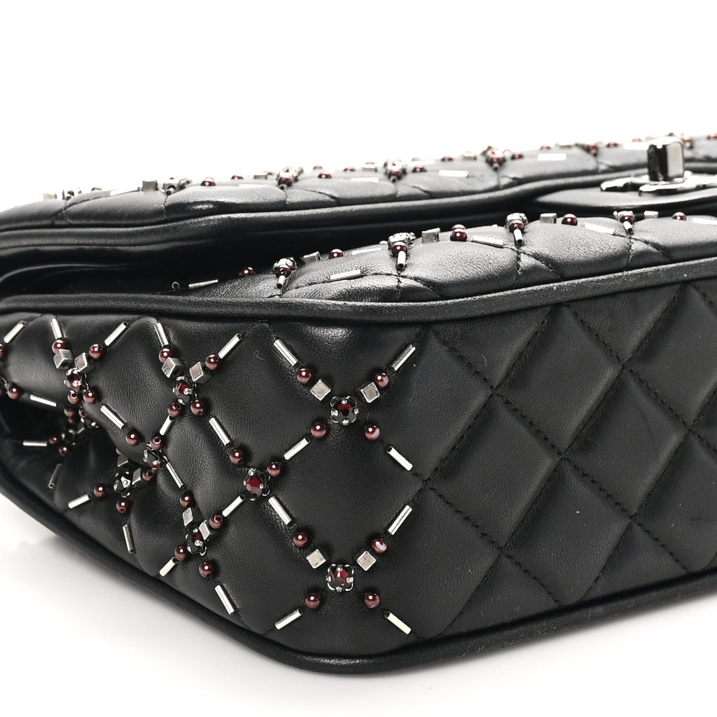 Lambskin Quilted Beaded Medium Double Flap Black