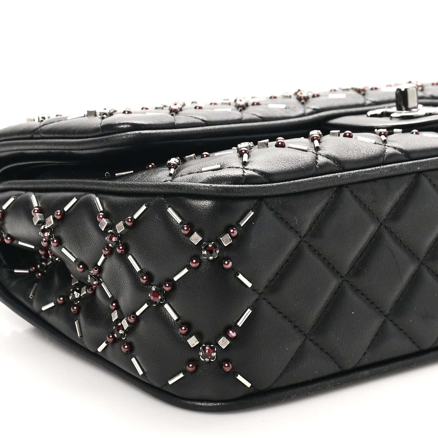 Lambskin Quilted Beaded Medium Double Flap Black