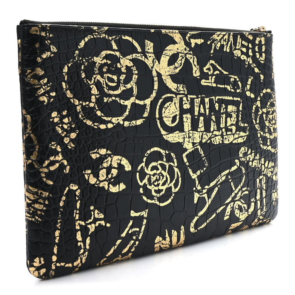 Calfskin Crocodile Embossed Graffiti 2.55 Medium Cocodile Reissue Cosmetic Case Black Gold