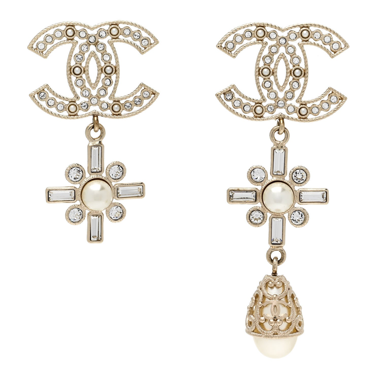 Metal Pearl Crystal CC Twist Teardrop Drop Earrings Gold